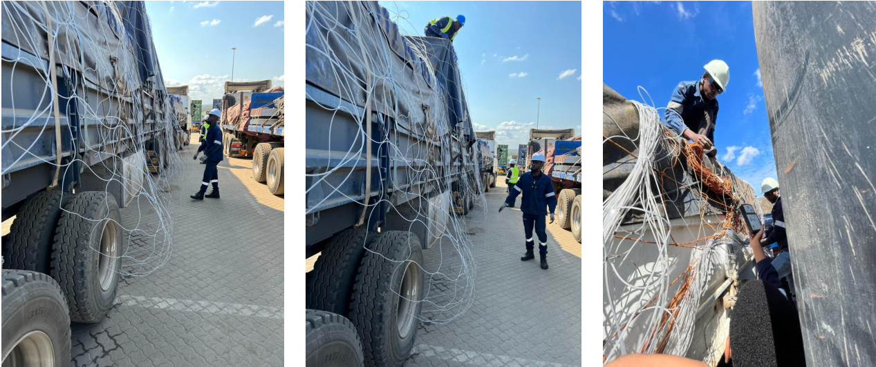 Jointech electronic net securing non-containerized cargo on a flatbed truck in Mozambique